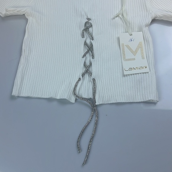 Lamiar Ribbed Shirt with Mettalic Lace Up Detail S130-8 - Picture 2 of 4